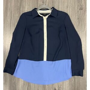 Talbots Womens Top Blouse Blue Cream Color Block Roll Tab Sleeve Sz Small Petite
